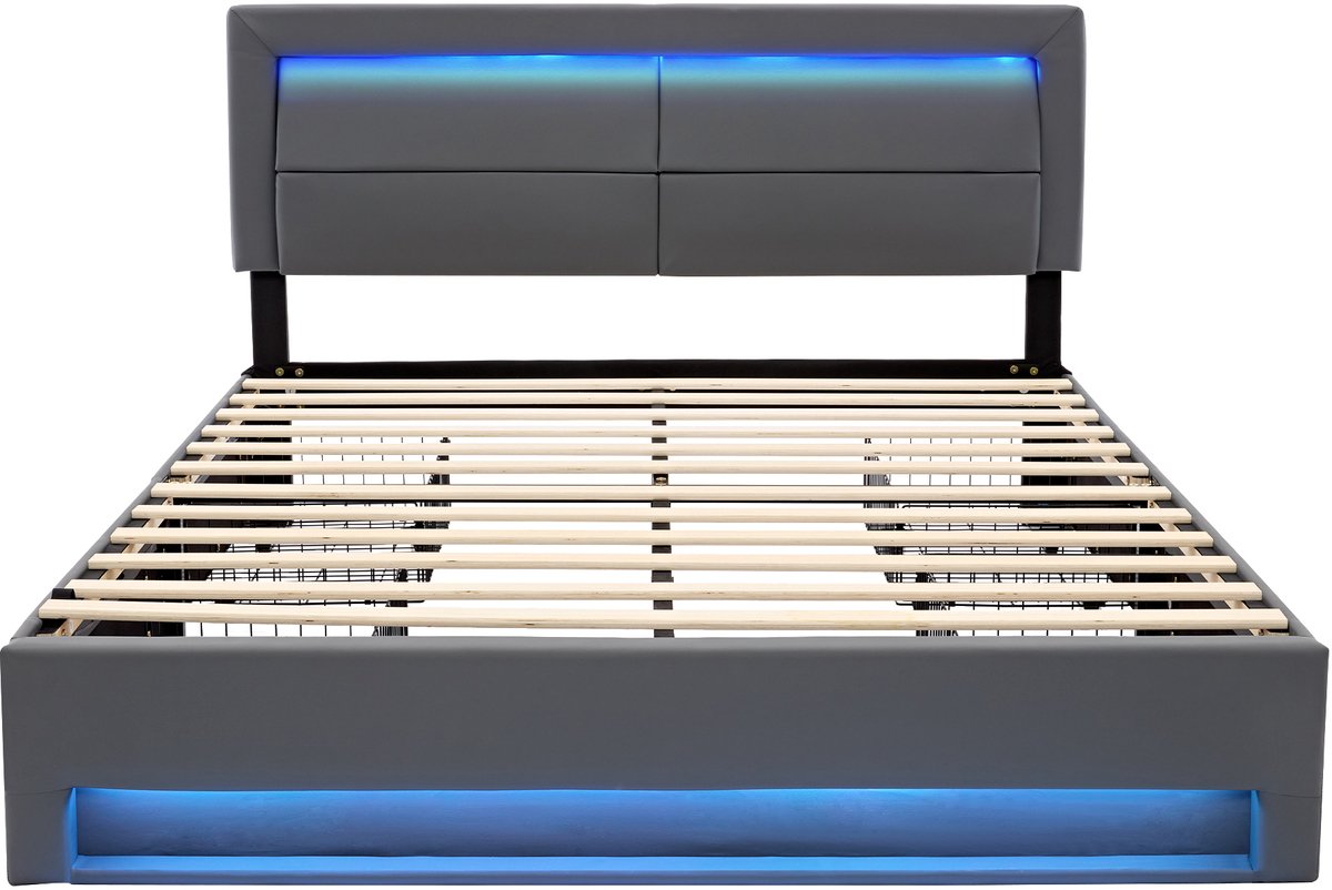 COVREO Bedframe 140x200 cm - grijs PU, 140 cm breed, LED, zonder matras