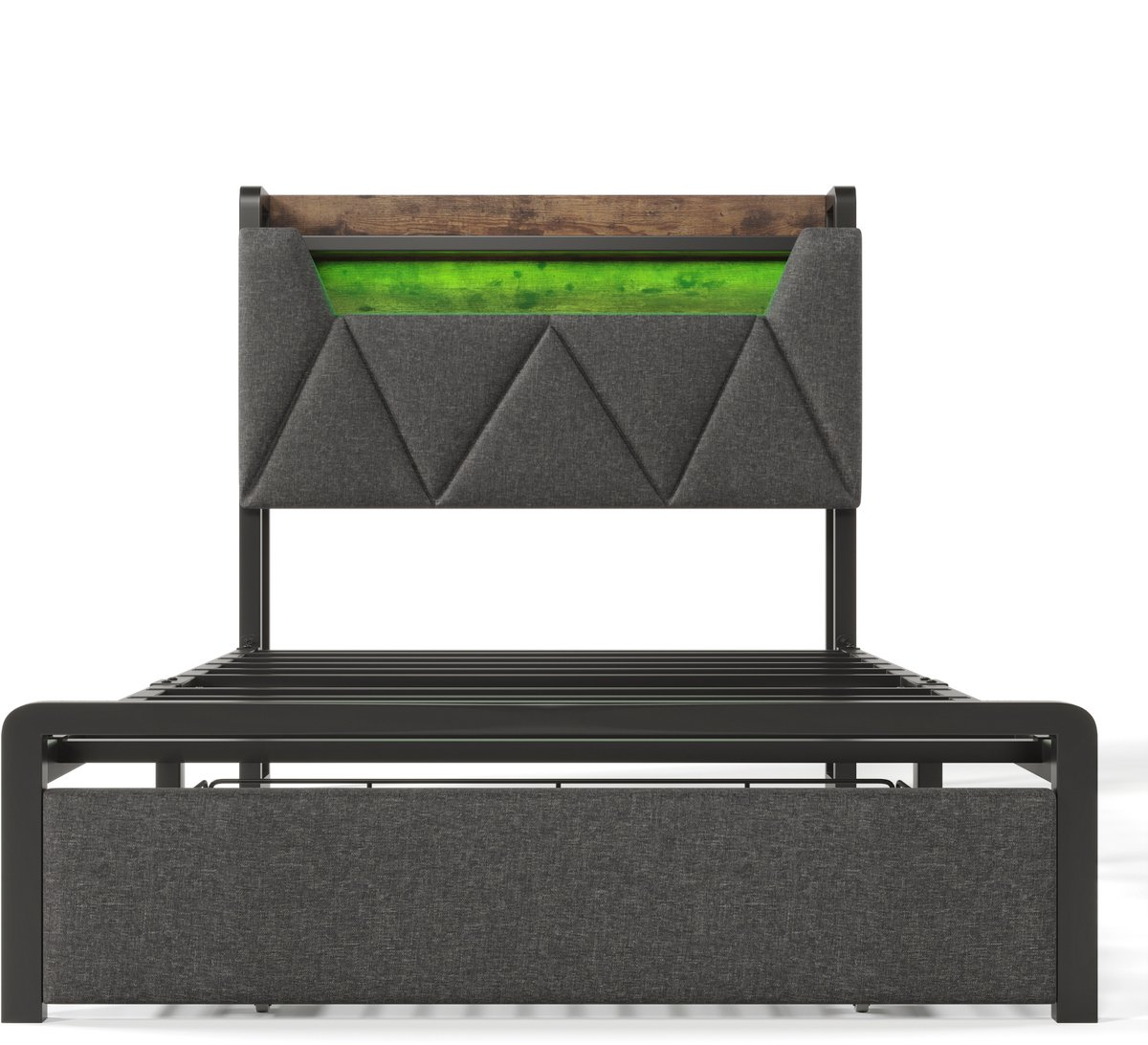 COVREO Bed 90x200 cm grijs stof, met LED verlichting, opbergruimte en bedlade