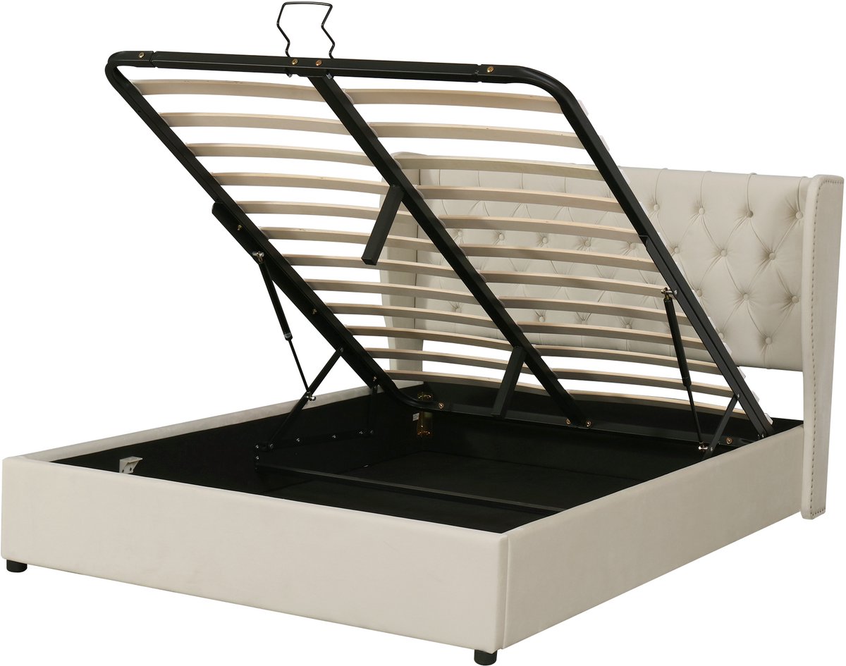 COVREO Bed 140x200 cm beige velvet, hydraulisch opbergbed, zonder matras