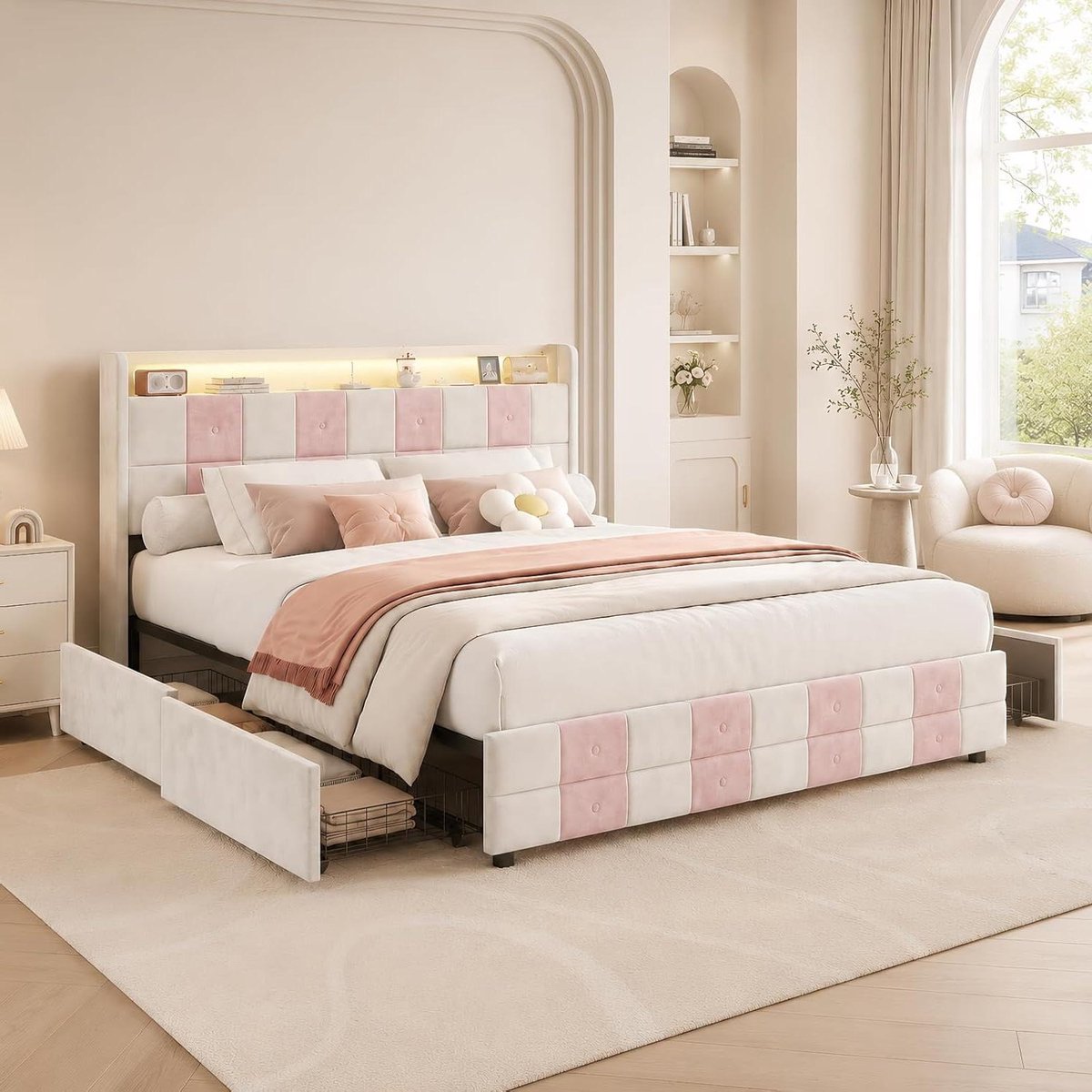 Gestoffeerd tweepersoonsbed - Opbergbed met lades - Moderne slaapkamer inrichting - Geïntegreerde USB en LED - 140 x 200 cm