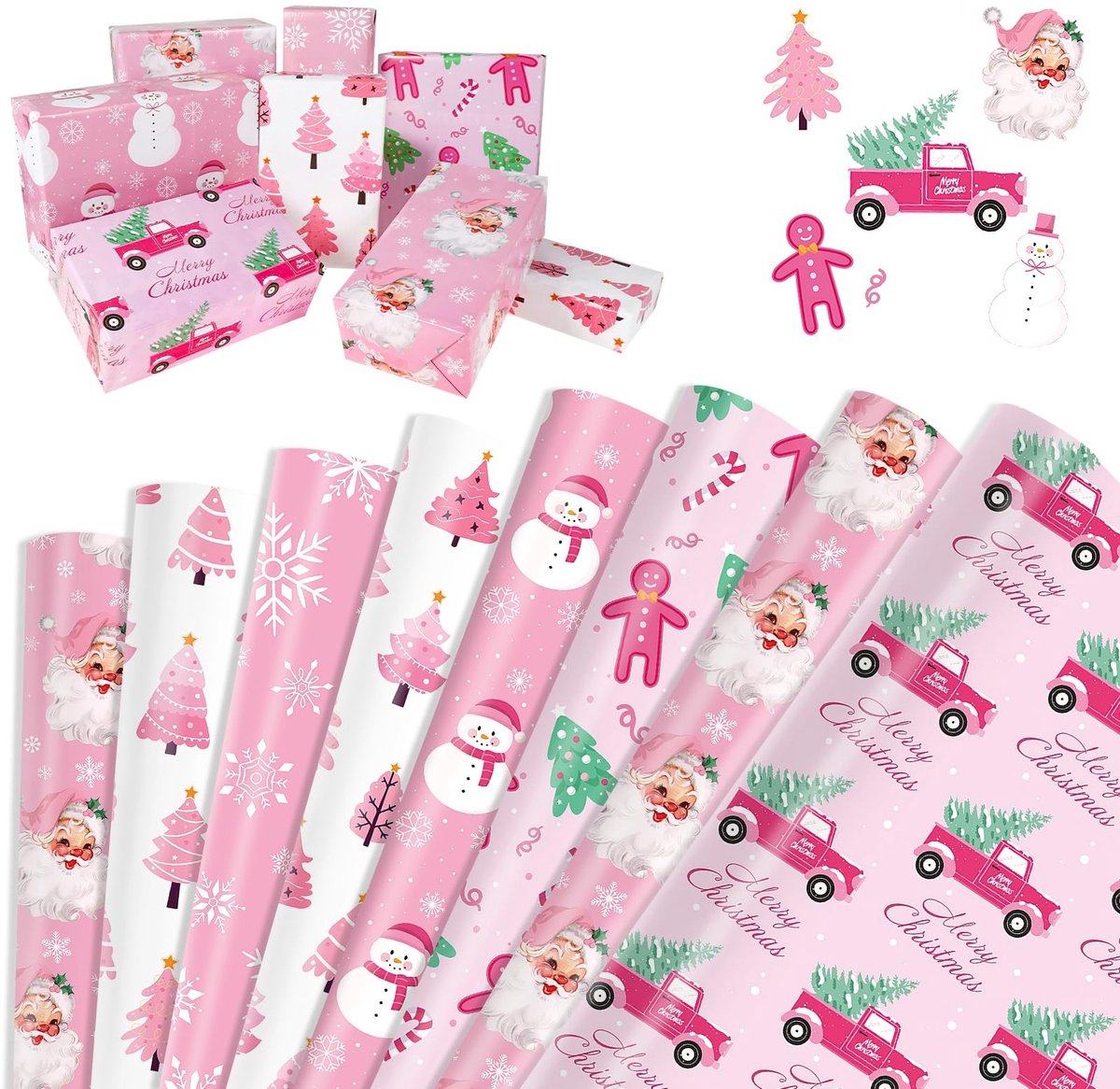 Dailygoods- Kerst Inpakpapier 12 Vellen - Roze Cadeaupapier - Kerstboom/Sneeuwpop - Peperkoek/Sneeuwvlok - Vrachtwagen/Snoepjes - Recycleerbaar 70x50cm