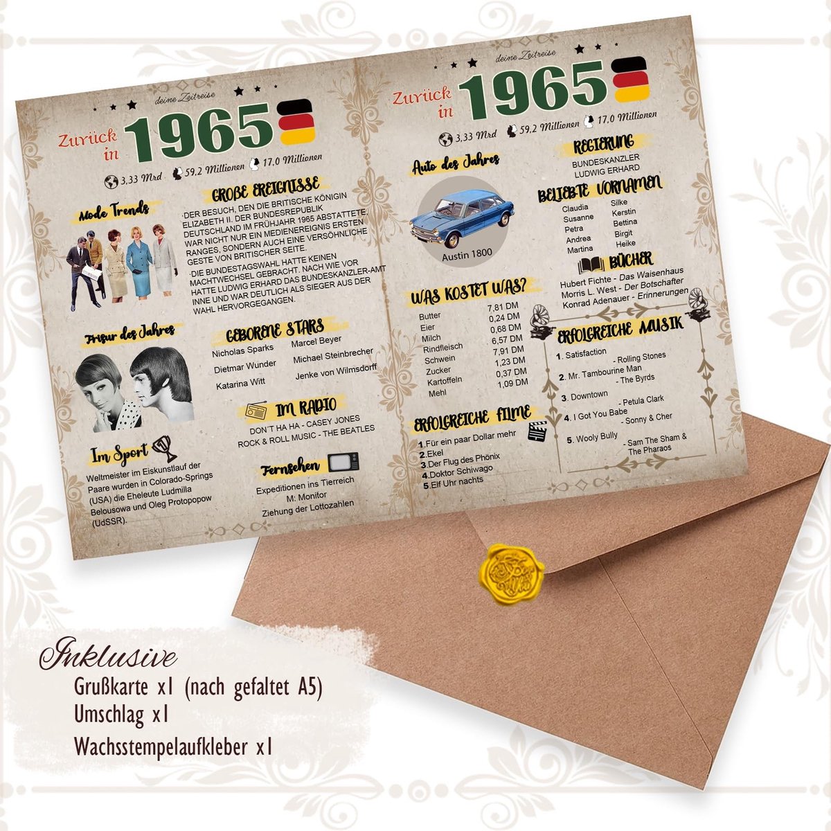 Dailygoods- Verjaardagskaart 60 jaar - Vintage Cadeau 1965 - Verjaardagskaart met Envelop - Nostalgische Tijdreis - Persoonlijke Vroede - DIN A5 - Verjaardagswenskaart
