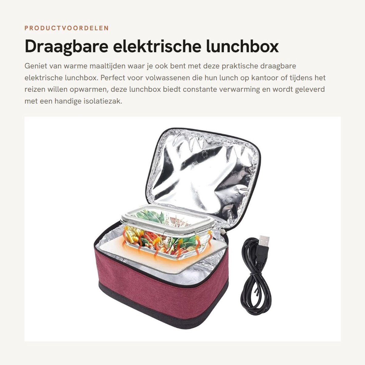 Dailygoods - Draagbare elektrische lunchbox - USB-voedselverwarmer - Handige verwarmde lunchbox - Wijn Rood - Ideaal voor werk en reizen - Voor volwas...