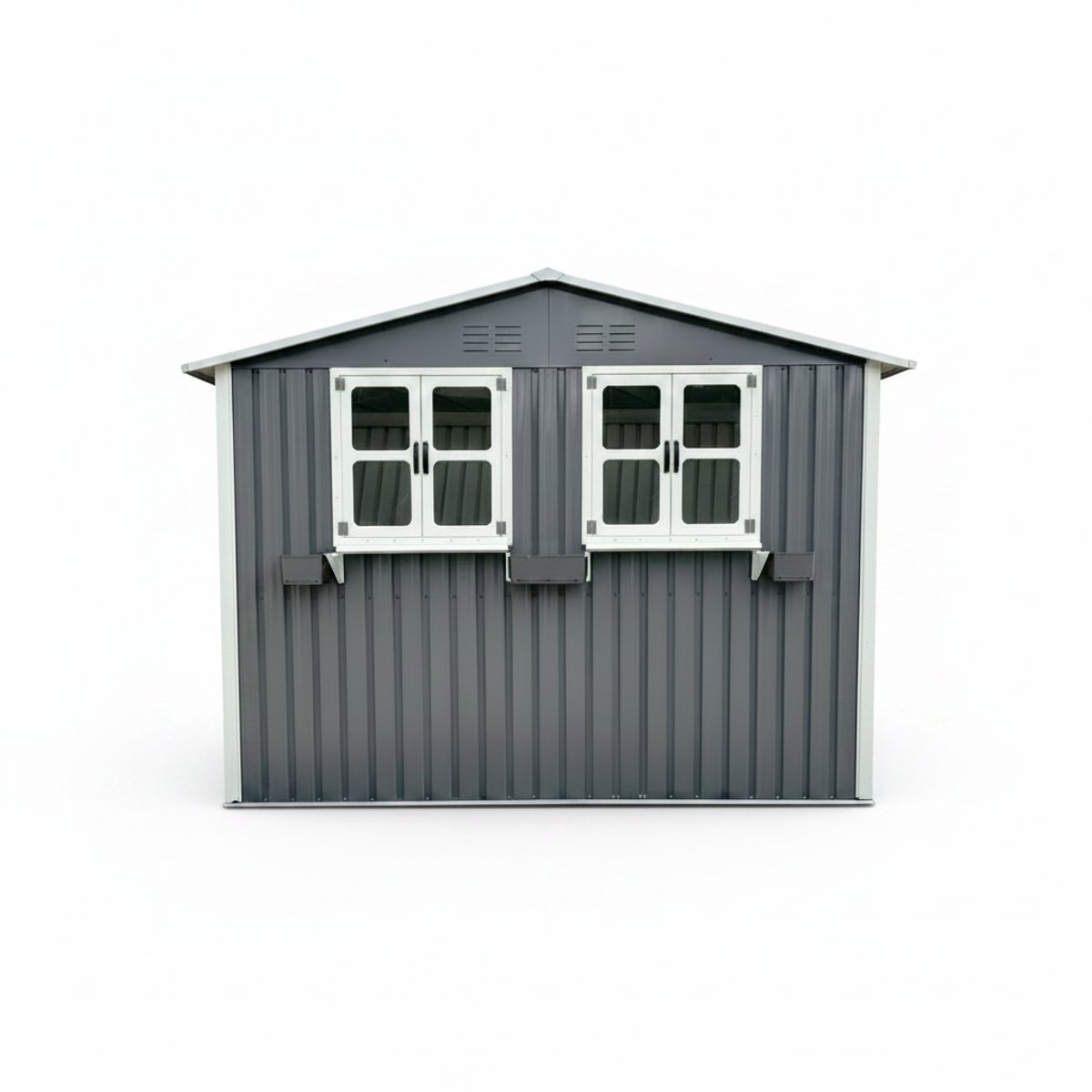 Gegalvaniseerde stalen tuinhuis 170,2x254,2 cm (4,33 m²), bruinzwart, met twee te openen dubbele ramen, afsluitbare dubbele deuren en decoratief bloemenrek