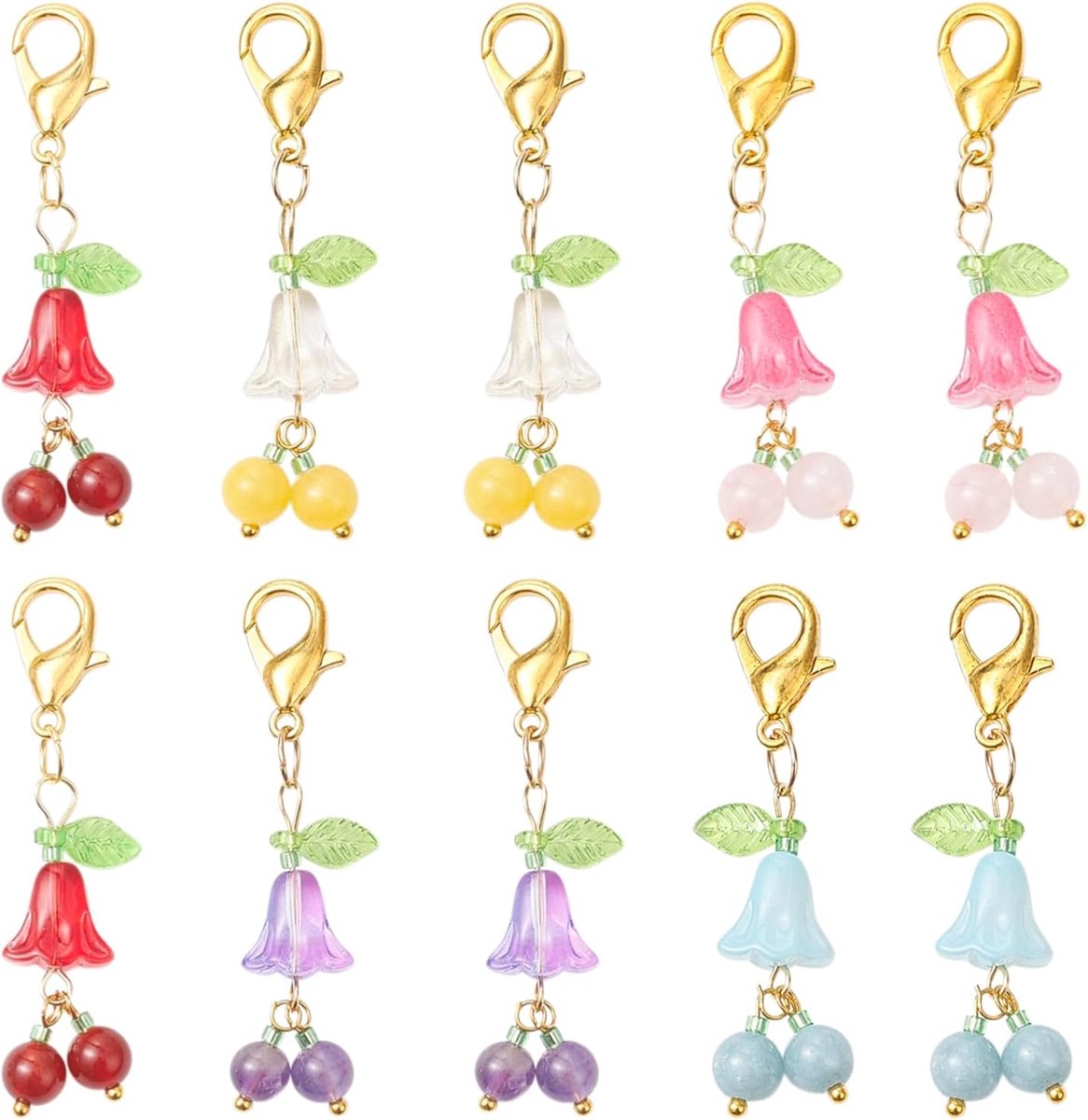 Tassenhangertjes 10 Stuks - Kleurrijke Bloemen - Met Karabijnhaak - Perfecte Accessoire voor Handtassen - ShopVlot