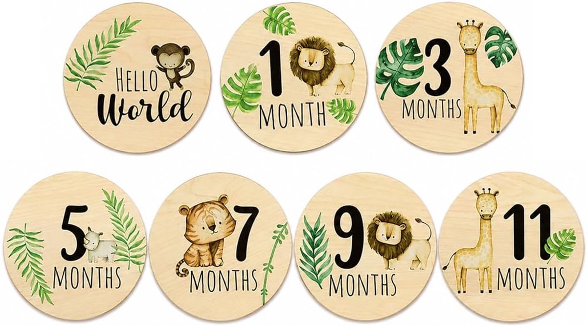 Set met 7 houten schijven - mijlpalen voor baby's - voor 1 tot 12 maanden - ideaal cadeau voor ouders - ShopVlot