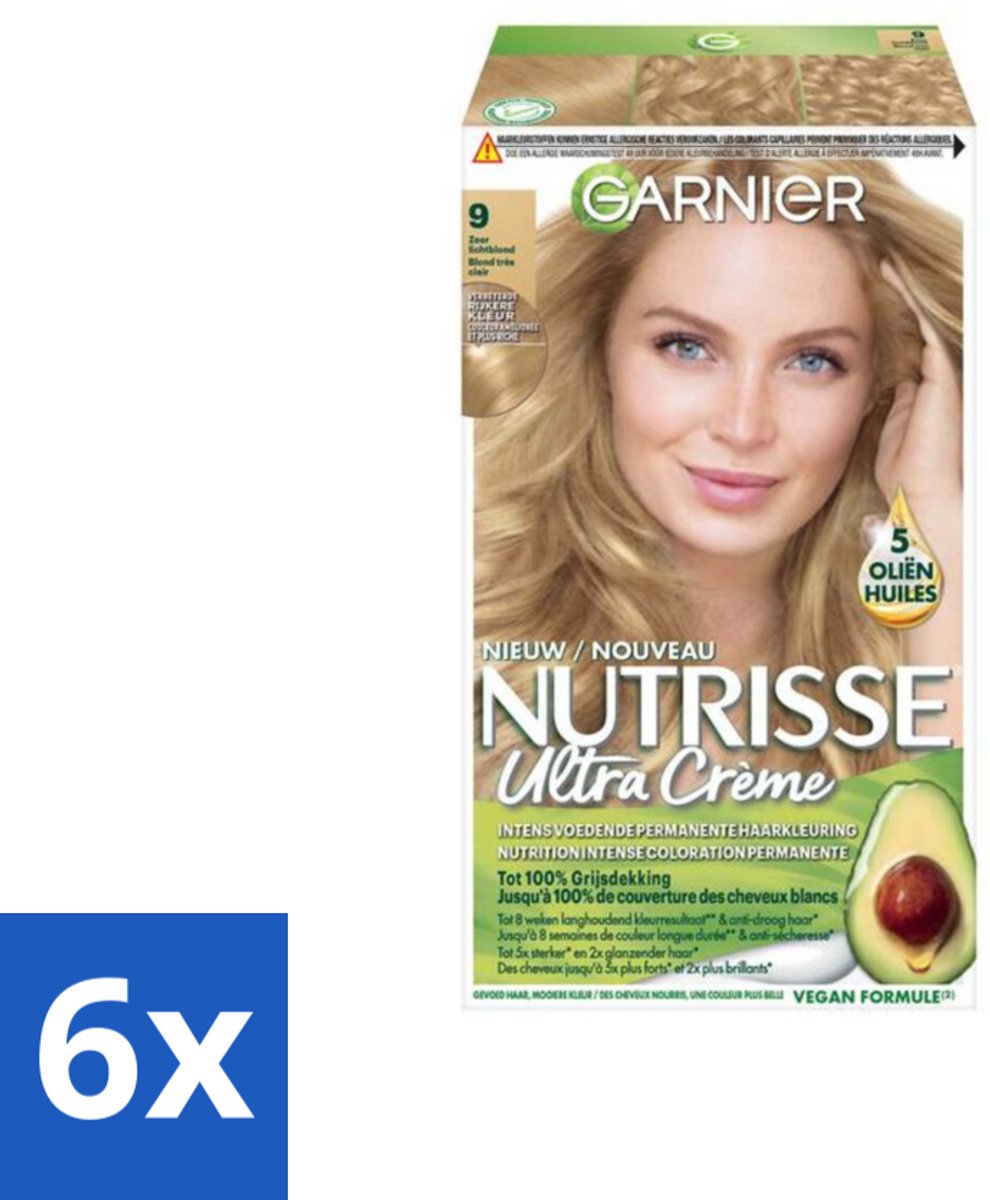 6 x Garnier - Nutrisse Ultra Crème 9 - Haarkleuring - Zeer Lichtblond - Intens Voedend - Permanente Kleur - Haarverf - Permanente Haarkleuring - Blond Haar - Lichte Haarkleur - Grijsdekking
