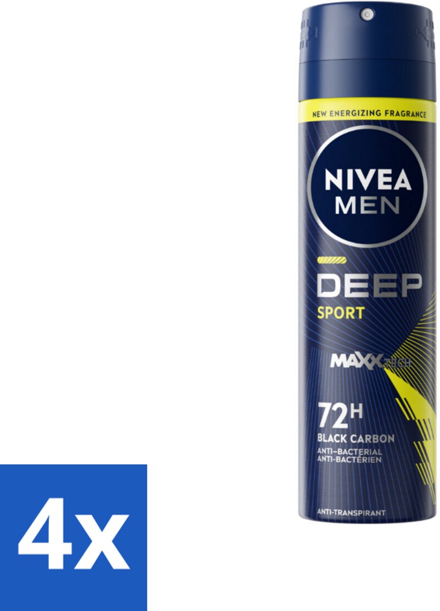4 x NIVEA MEN - Deodorant Spray - Deep Sport - 150 ml - 72 Uur Bescherming - Anti-transpirant - Zweetvermindering - Lichaamsgeur Absorberen - Citrusgeur