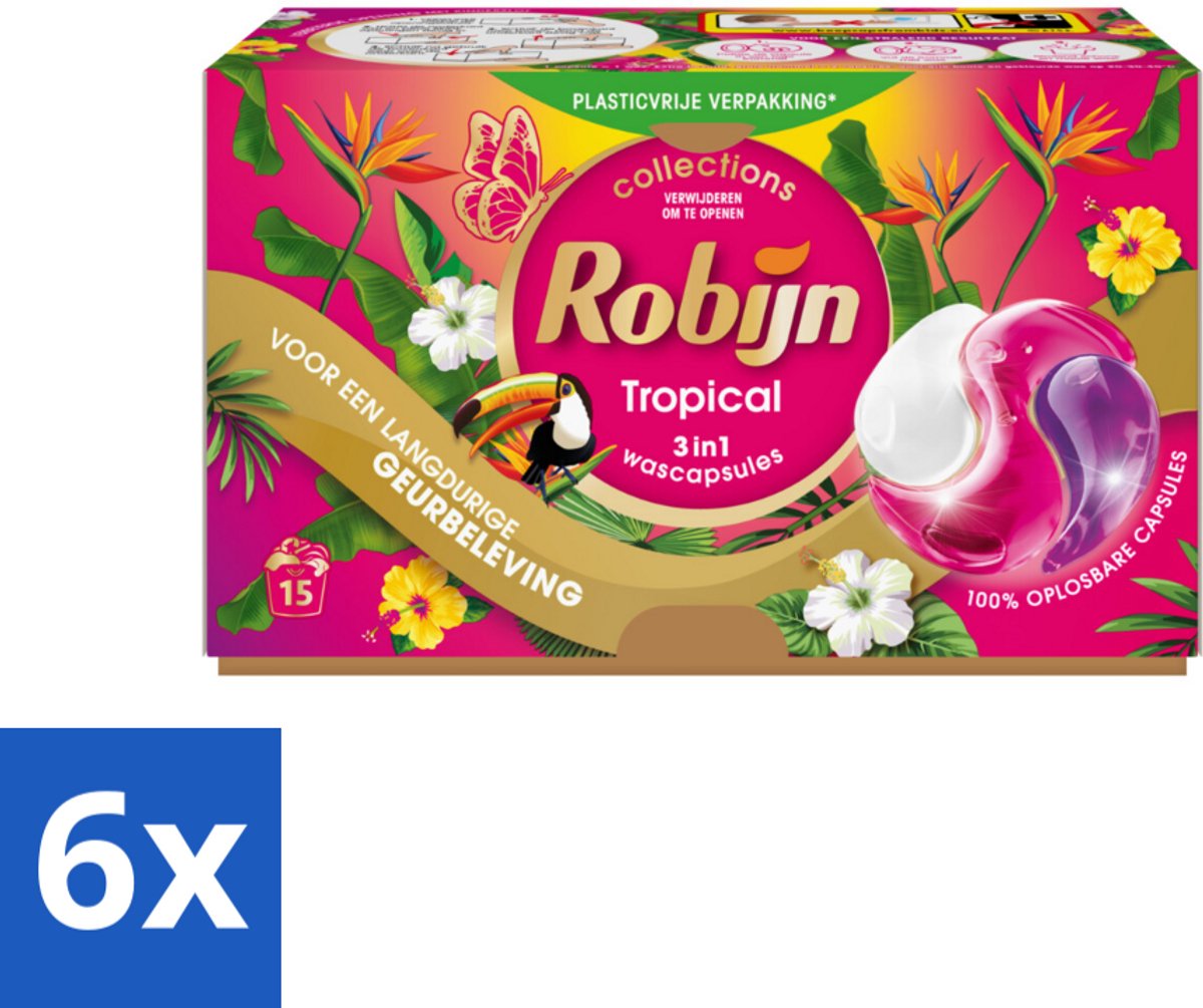 6 x Robijn - 3-in-1 Tropical - Wascapsules - 15 Wasbeurten - Wascapsules - Tropische Geur - Kleurbehoud - Biologisch Afbreekbaar - Wasmiddel