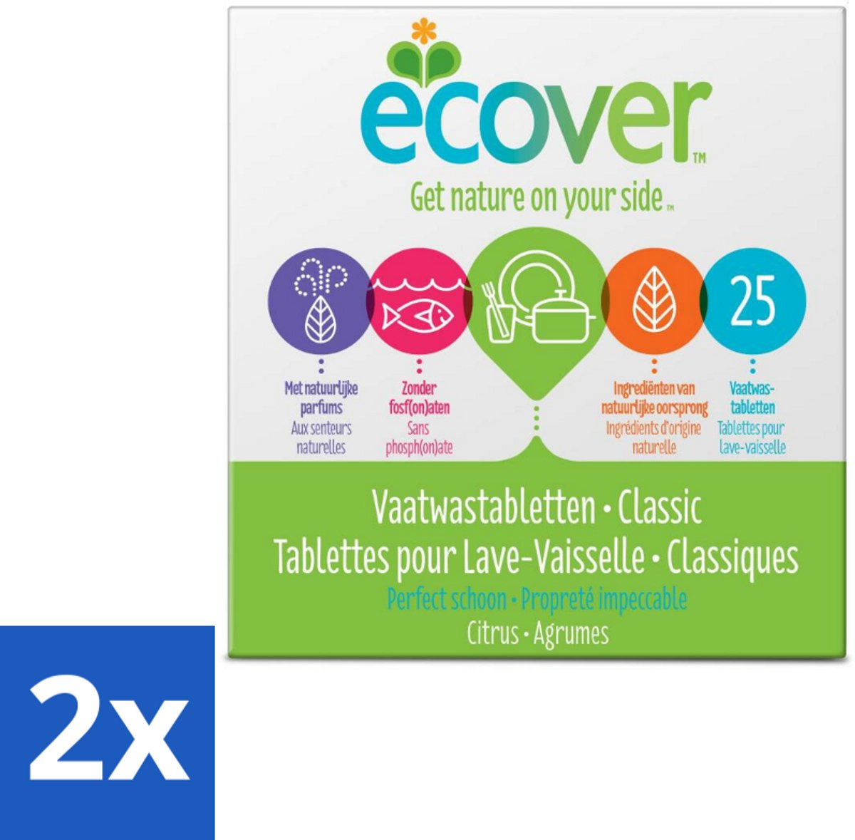 2 x Ecover - Vaatwastabletten Classic - 25 Tabs - Vaatwastabletten - Biologisch Afbreekbaar - Plantaardige Reiniging - Fosfaatvrij - Milieuvriendelijk