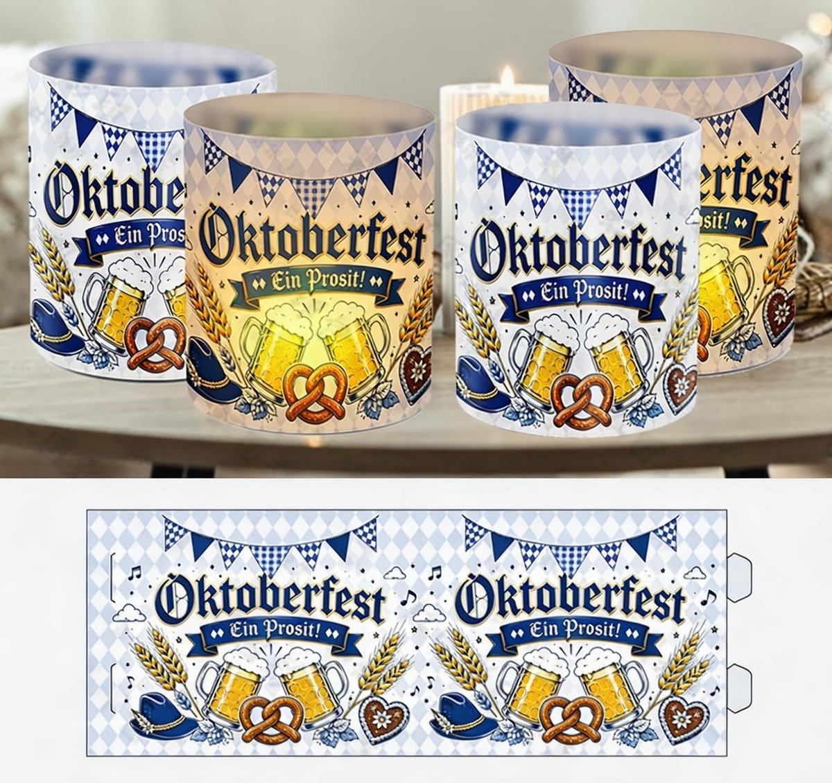 Oktoberfestdecoratie - 12 windlichten - blauw-wit design - sfeervolle ambiance - ShopVlot