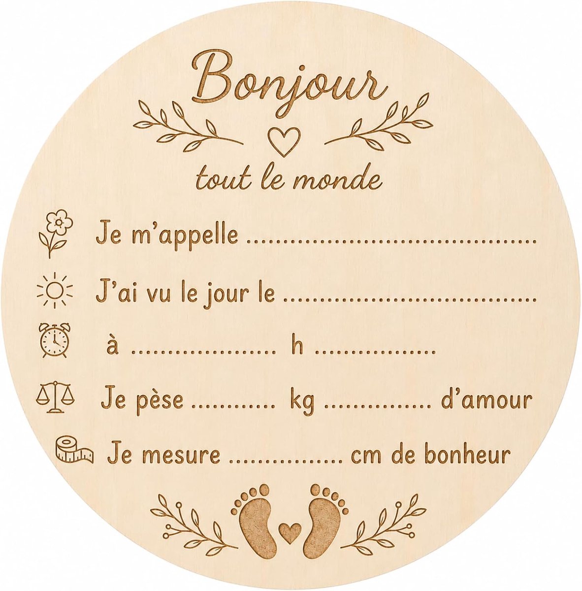 Mijlpaalkaarten Baby Hout - Ronde geboorteplaquette - Franse gravure - Perfect als geboorteaankondiging - ShopVlot