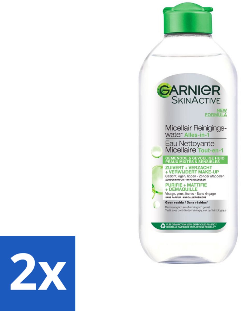 2 x Garnier - SkinActive - Micellair Reinigingswater - Vette Huid - Verzachtend & Reinigend - 400 ml - Micellair Reinigingswater - Reiniging Gezicht - Vette Huid - Gemengde Huid - Make-up Remover