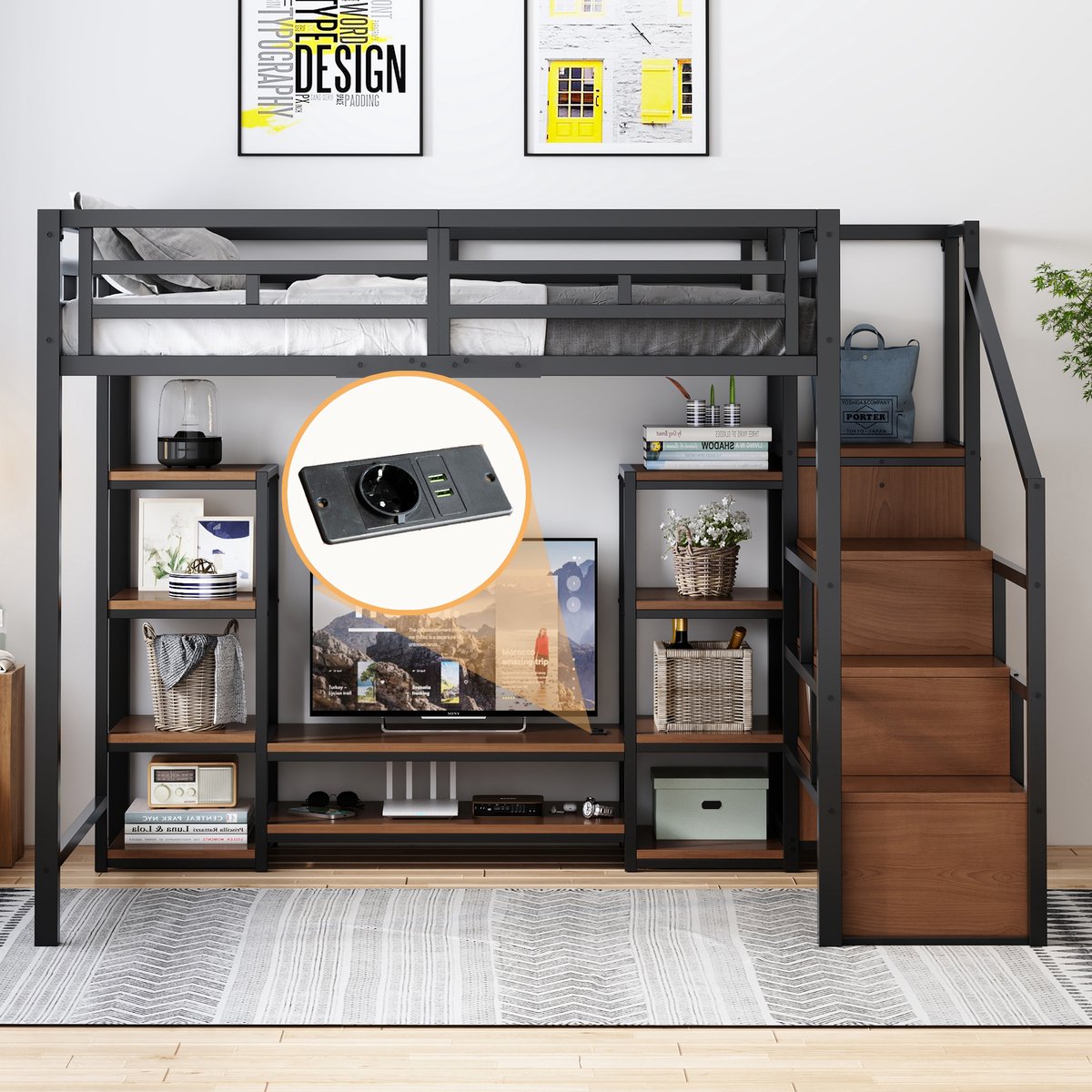 Hoogslaper - 140 x 200 cm - 2-persoons - met opbergruimte - met stopcontact - met ladder - Zwart