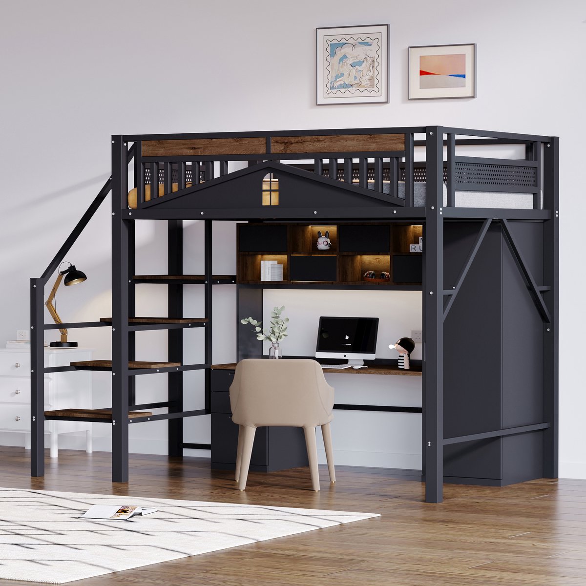 Hoogslaper - 140 x 200 cm - 2-persoons - met opbergruimte - met ladder - Zwart
