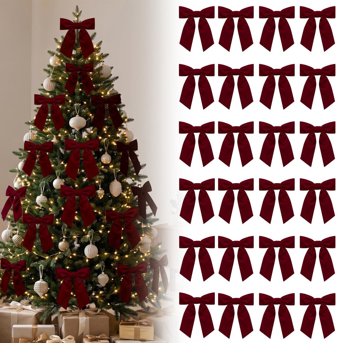 HIVTE 24 Stuks 12 cm Bordeaurode Fluwelen Strikken met Binddraad voor Kerstkransen, Cadeauverpakking - ShopVlot