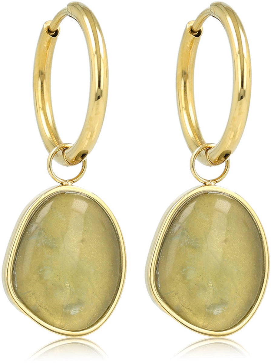 My Bendel - Goudkleurige Oorring met Green Fluorite Hanger In Organische Vorm - met Luxe Cadeauverpakking | Sieraden Voor Dames