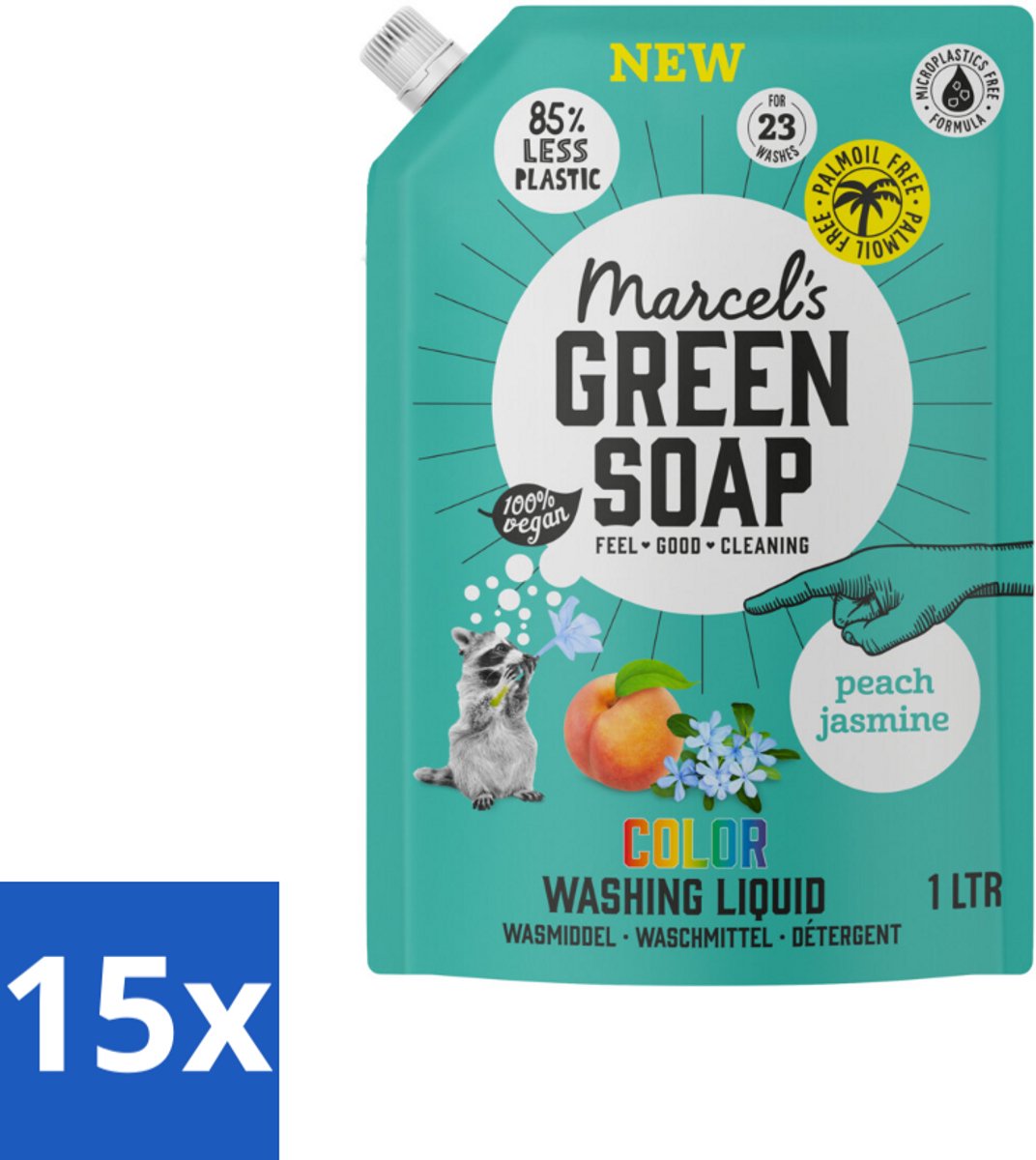 15 x Marcel's Green Soap - Vloeibaar Wasmiddel - Kleur - Navulling - Perzik & Jasmijn - Effectief & natuurlijk - 23 Wasbeurten - 1 liter - Wasmiddel - Geur - Kleur - Duurzaam - Natuurlijk