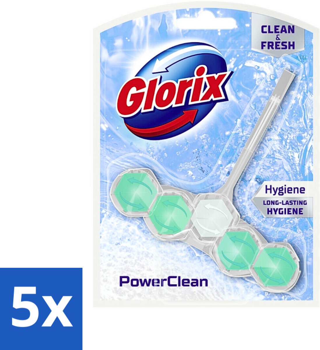5 x Glorix - Toiletblok - Power Clean Hygiëne - Extra Hygiëne - 1 blok - Toiletblok - Hygiëne - Reiniging - Kalkaanslag - Schuim
