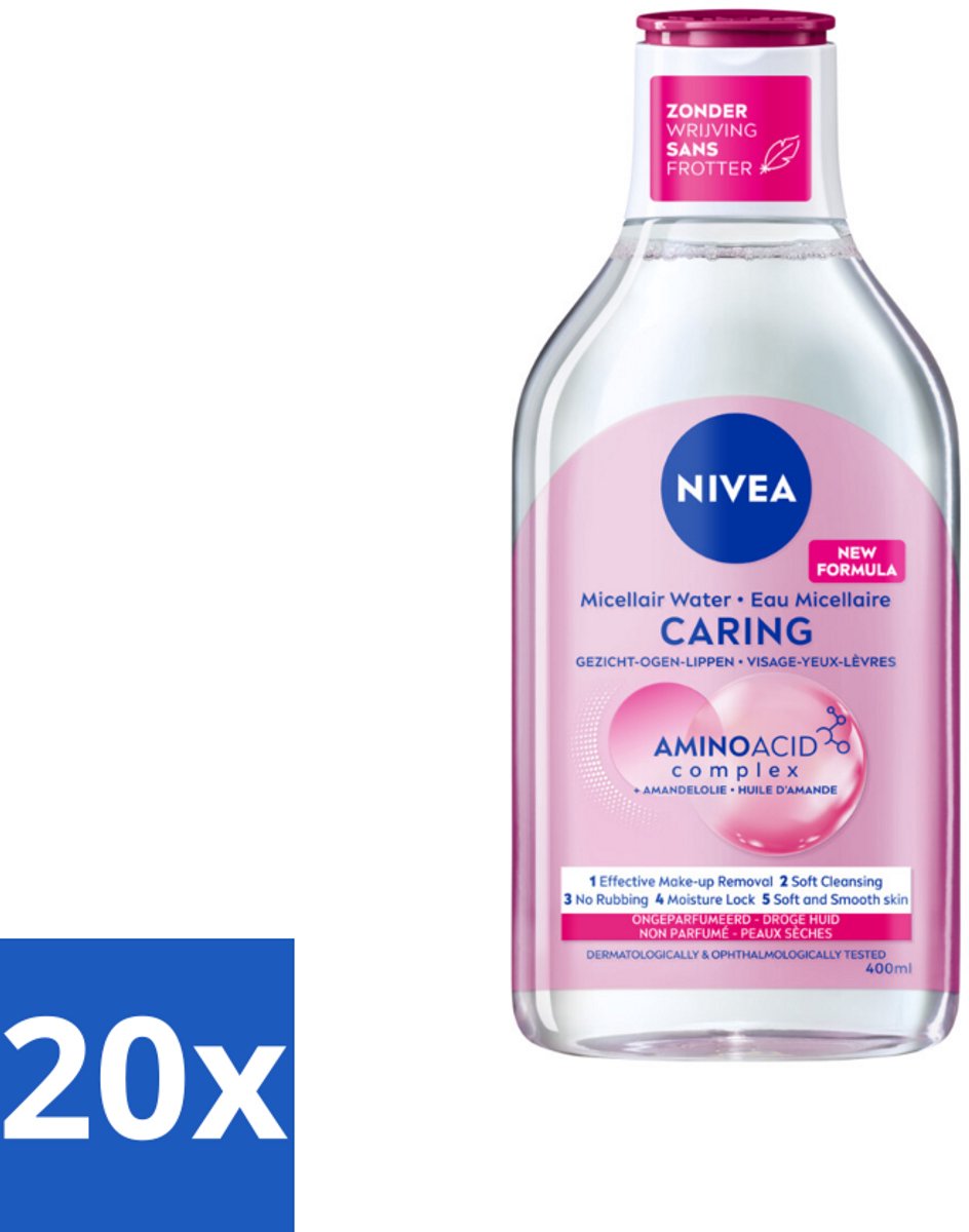 20 x NIVEA - Micellair Water - Essentials Verzachtend & Verzorgend - Voor droge huid - Met Amandelolie & Aminozuren - 400 ml - Micellair Water - Droge Huid - Gezichtsreiniging - Amandelolie - Aminozuren