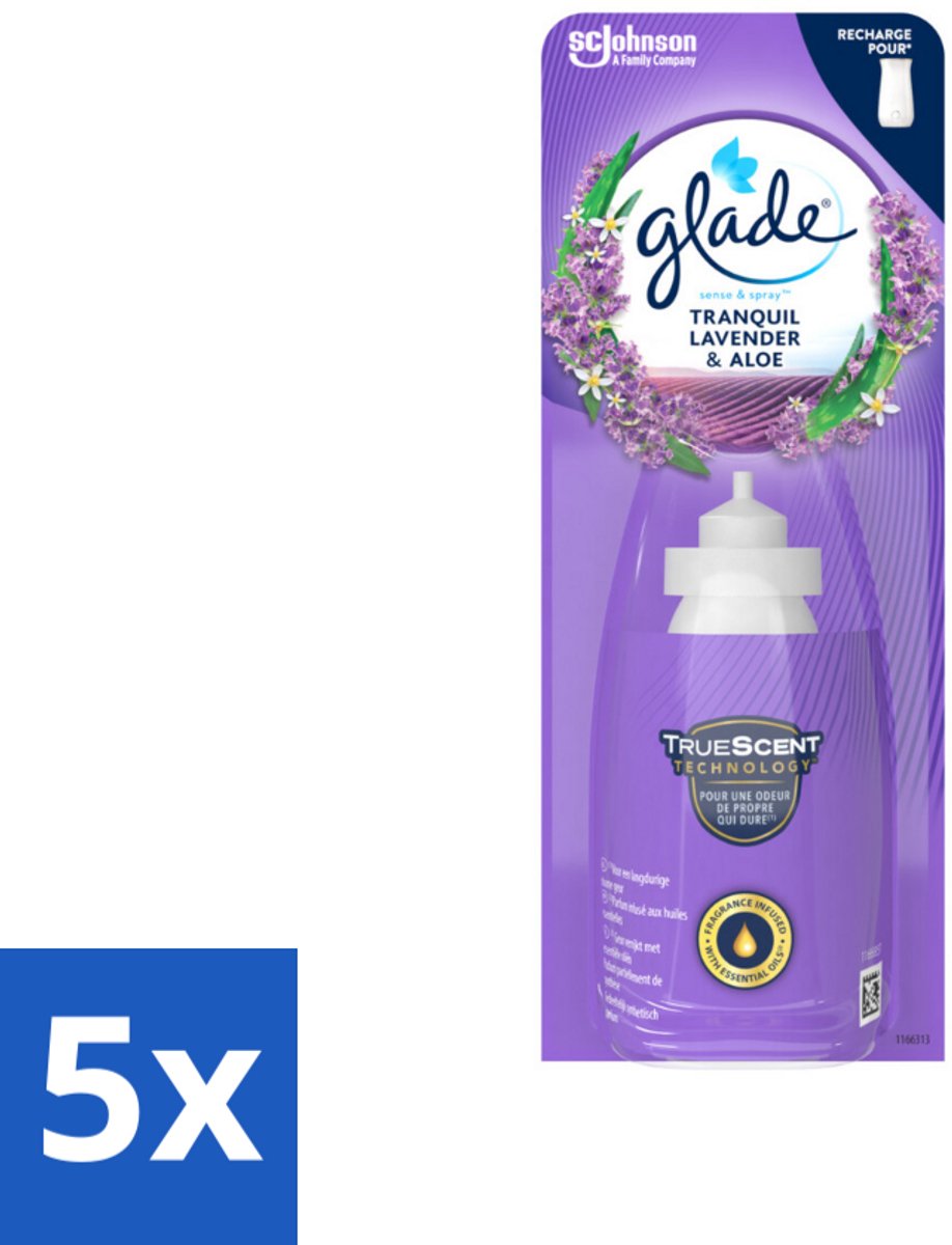 5 x Glade - Sense & Spray Navulling - Tranquil Lavender & Aloë - 18 ml - Lavendel Geur - Aloe Vera - Geurverspreiding - Geurhoudend - Geurhoudend