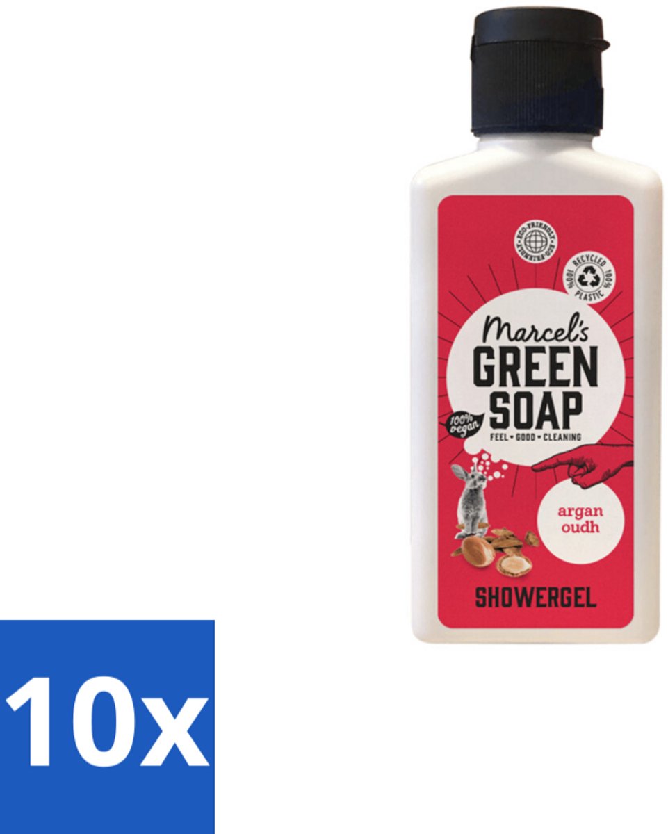 10 x Marcel's Green Soap - Douchegel - Argan & Oudh Mini - Krachtige werking - 100 ml - Douchegel Argan Oudh Mini - Natuurlijke Douchegel - Biologische Douchegel - Vegan Douchegel - Milieuvriendelijke Douchegel