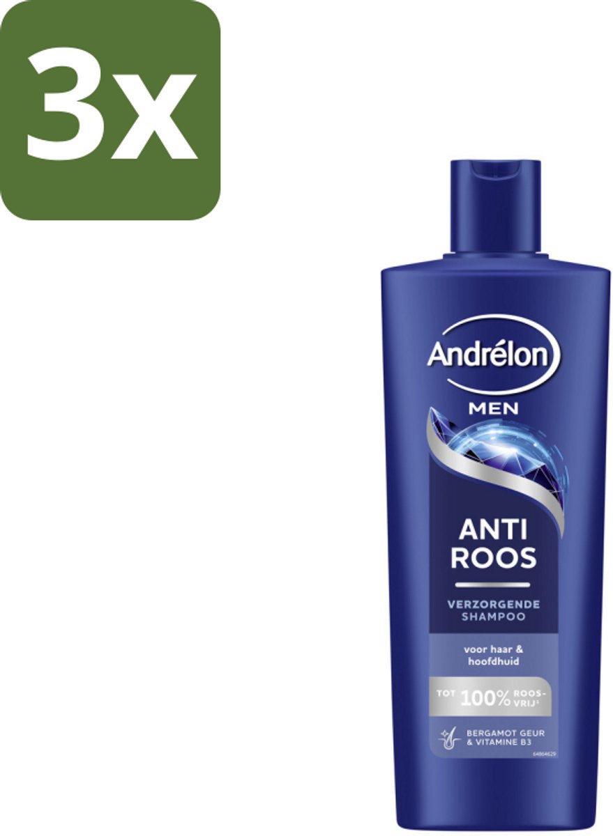 3 x Andrélon – Shampoo – Anti Roos Men – 400 ml - Anti-roos Shampoo - Roosvrij Haar - Vitamine B3 Shampoo - Bergamot Geur - Mannelijk Haar