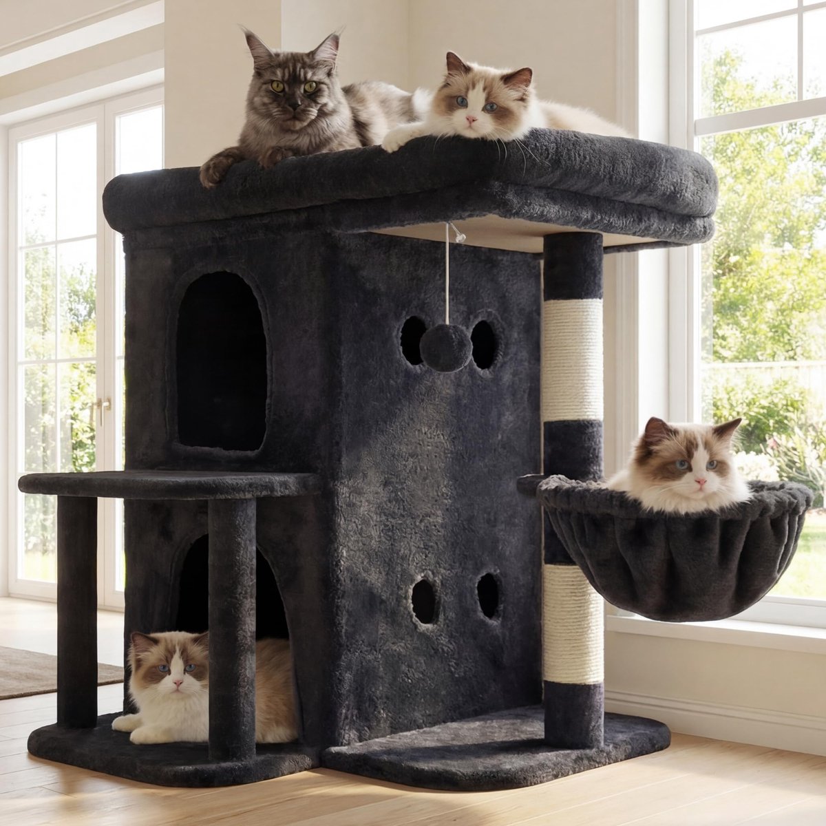 Famanu – Krabpaal voor katten, 65 cm hoge kattenboom met extra groot platform, inclusief sisal-krabzuil en kattenmand, rookgrijs