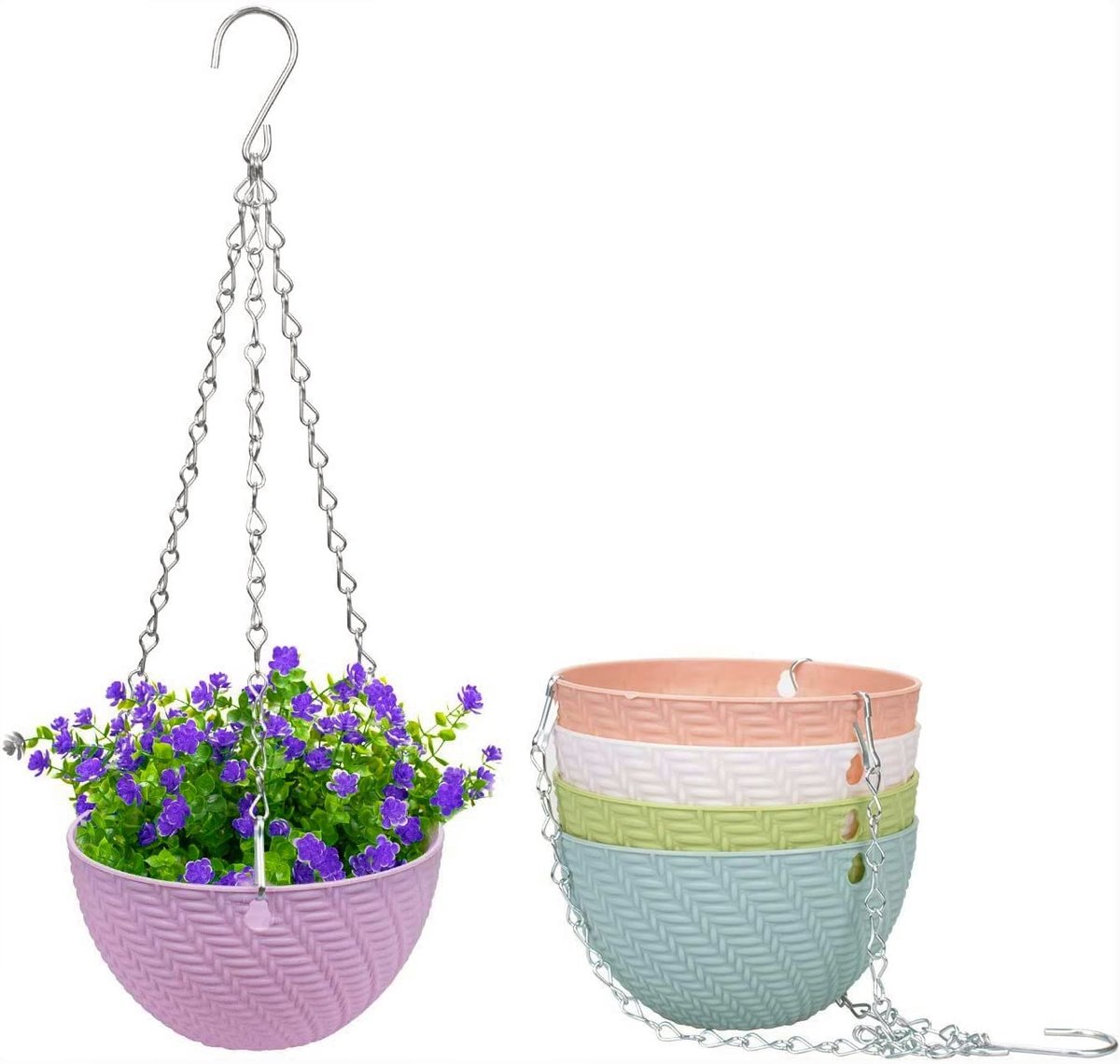 Famanu – Set van 5 hangende bloempotten voor balkon, kunststof met kettinghaak, voor planten, bloemen en kruiden, 5 kleuren