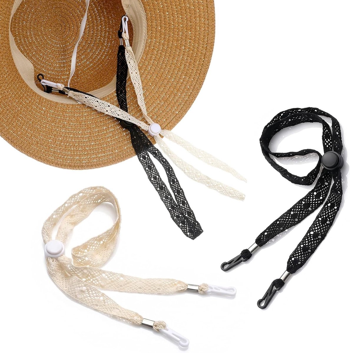 Verstelbare Hoedriemclips - Zwart - 68 cm - Katoen-Polyester met ABS en Ijzer - Voor Strand- en Zonnehoeden