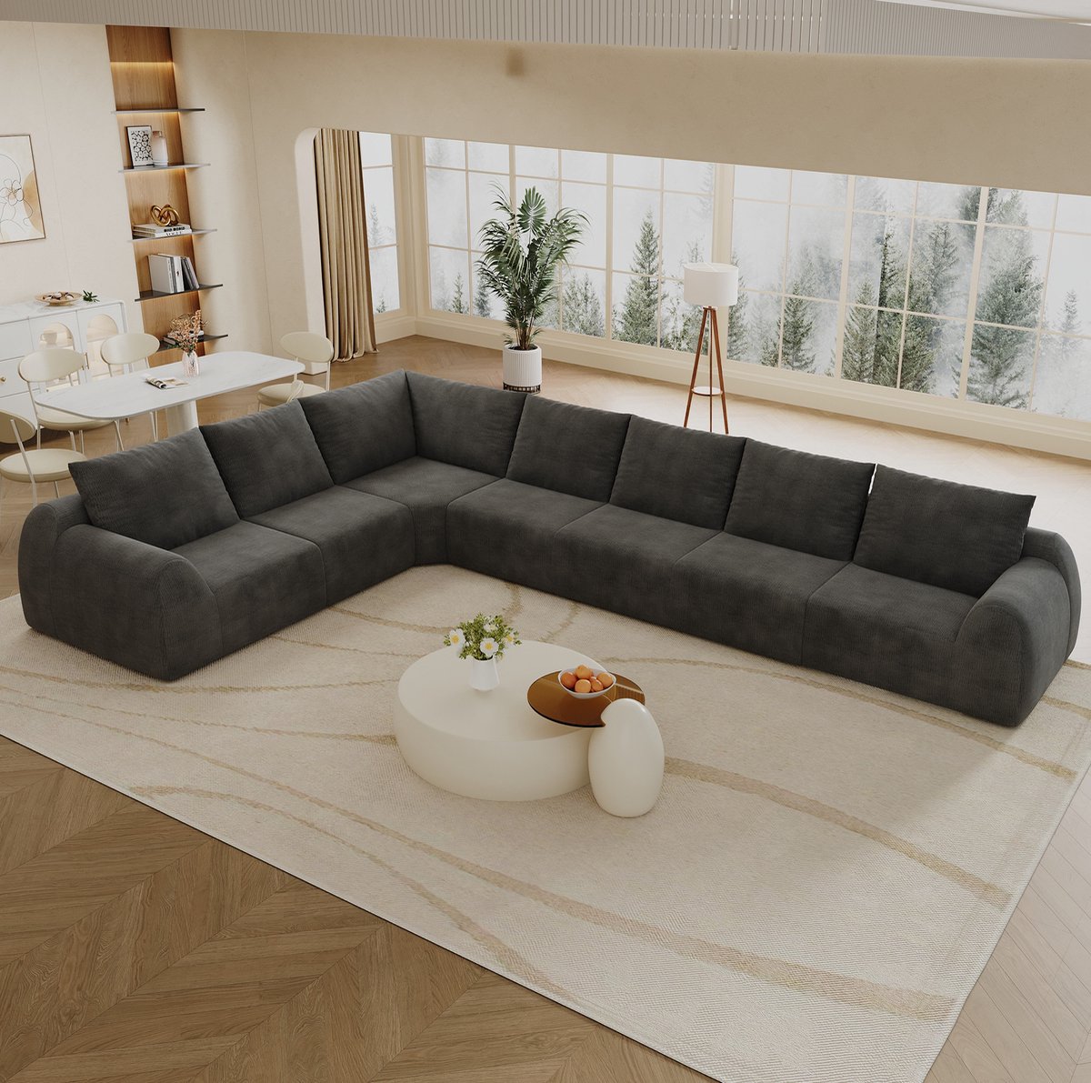 OKWISH Hoekbank - 7-Zits L-Vormige Bank - Zachte Chenille, Hoge Veerkracht Schuimvulling, Geen Montage - Woonkamer, Slaapkamer, Appartement - Stof - Donkergrijs