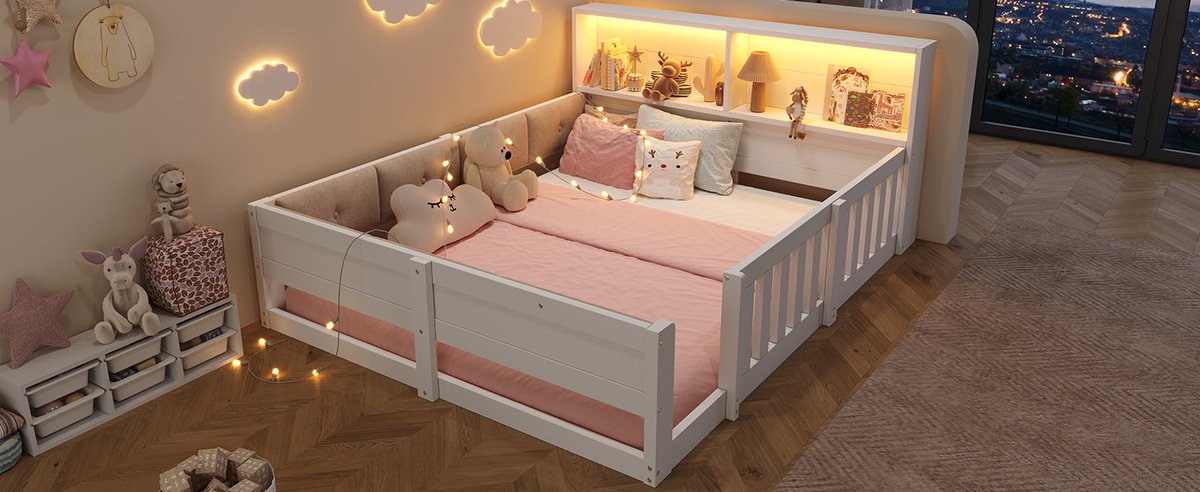 MIVRAY Kinderbed 140 x 200 cm Zonder Matras - Bed Met Veiligheidshekje En Opbergruimte - Met Led Verlichting Voor Kinderkamer - MDF Spaanplaat En Plush - Wit