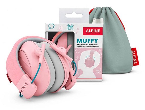 Roze Alpine Muffy gehoorbescherming voor kinderen met verpakking en opbergzakje. Op de doos staat Alpine Muffy.