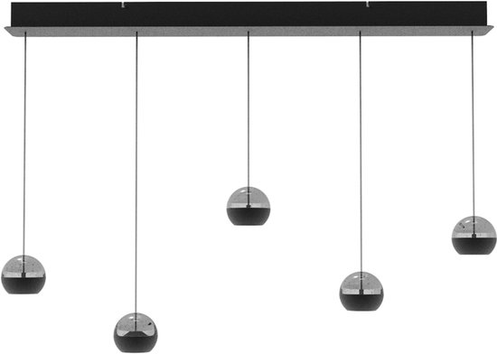 Plafonnier suspendu noir avec cinq abat-jour sphériques en verre, motif moucheté argenté, sur une barre noire.