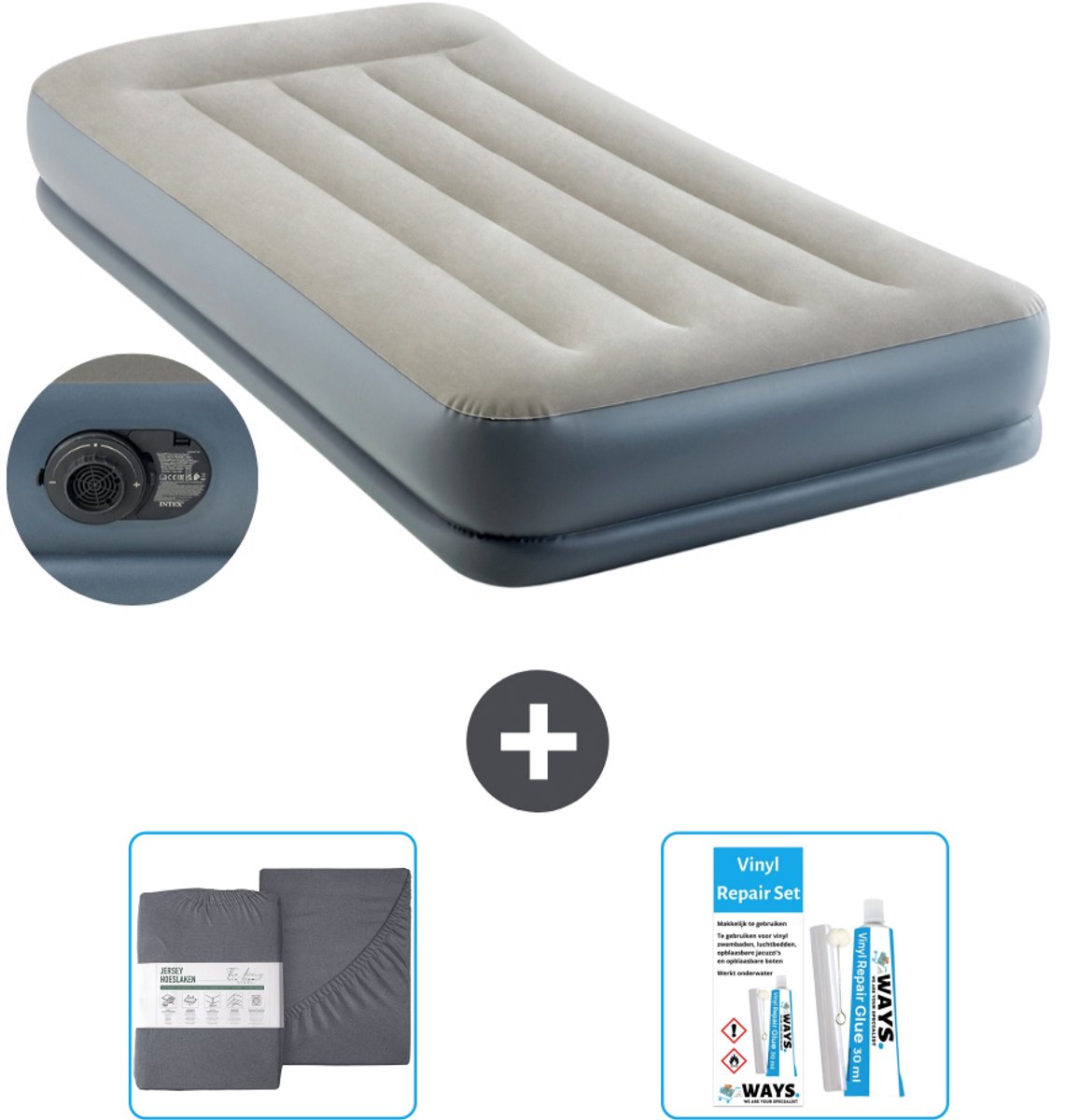 Intex Luchtbed - 1-Persoons - 99 x 191x 30 cm - Grijs - Inclusief pomp - Hoeslaken en Reparatieset