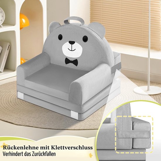 CINK & Co Kinderbank 2-in-1 - Uitklapbaar tot Logeerbed - Met Wasbare Hoes en Kussen - Dinosaurusdessin - Grijs — afbeelding 3