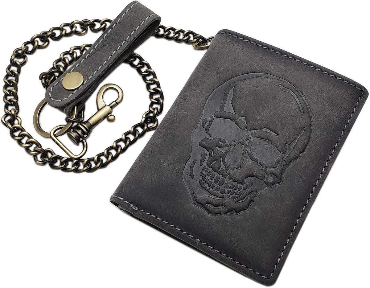Genuine Buffalo Leather Standing Size Biker Wallet with Metal Chain and Skull Design, RFID & NFC Protection (Vintage - ShopVlot