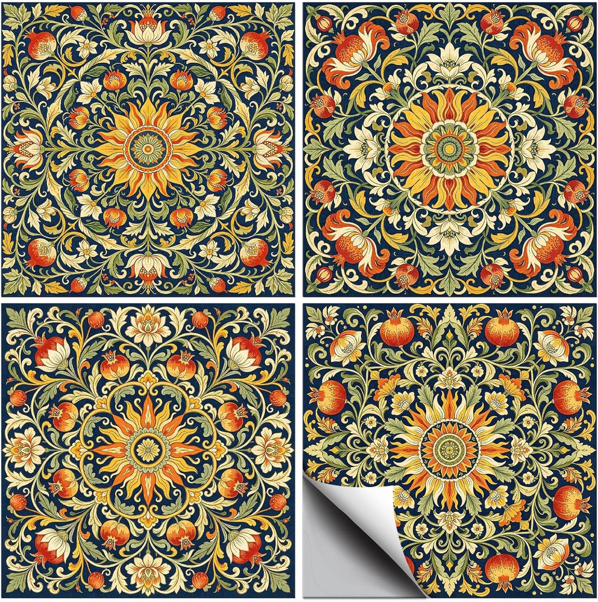 36 stks 4 Stijlen Vintage Bloemen Patronen Tegel Stickers Granaatappel Bloesems Waterdichte PVC Tegel Stickers Voor - ShopVlot