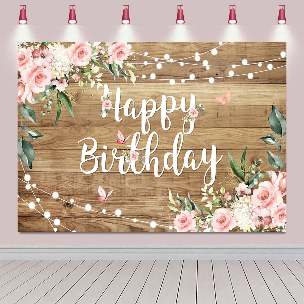 Happy Birthday background wooden floor watercolor pink flowers butterfly photography background newborn baby shower - ShopVlot