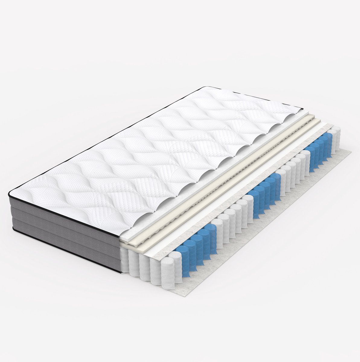 REDOM - Pocketveringmatras - 7 zones en 1000 veren - Memory foam toplaag - Lyocell hoes - Stevig - Slaapkamer - Foam en veer - Wit en grijs - 90 x 200 x 20 cm