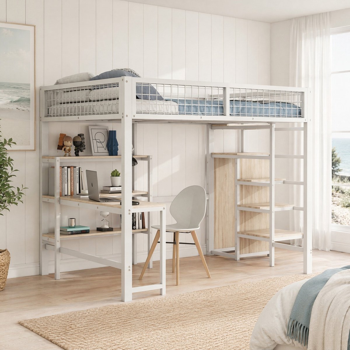 MEUNIQ Hoogslaper 140 x 200 cm met bureau, planken en kledingkast – metalen frame met MDF, wit, voor slaapkamer Zwart