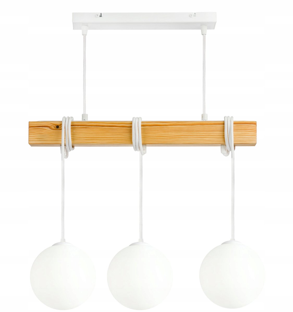 Houten balk hanglamp met witte glazen bollen, 3xE27 fitting