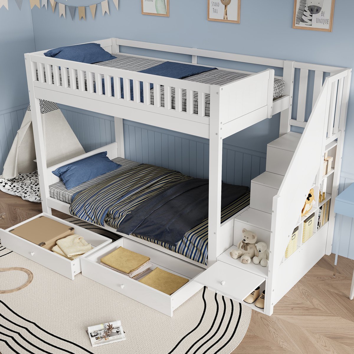 FloraGrace Stapelbed 90x200 cm - Met Opbergruimte Trap en 2 Bedladen - Met Uitvalbeveiliging - Kinderkamer - Hout - Wit - Zonder Matras