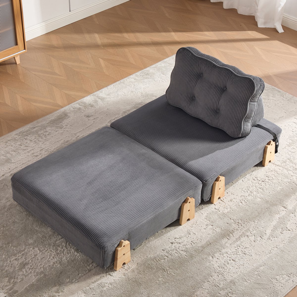 OKWISH Fauteuil - 1-Zits Uitklapbare Slaapbank - Met Zachte Cord Bekleding en Houten Poten - Voor Woonkamer, Slaapkamer en Logeerkamer - Donkergrijs