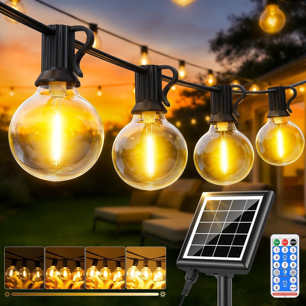 FGRYB Lichtsnoer op zonne-energie voor buiten, tuin, 20 m, lichtketting op zonne-energie met afstandsbediening - ShopVlot
