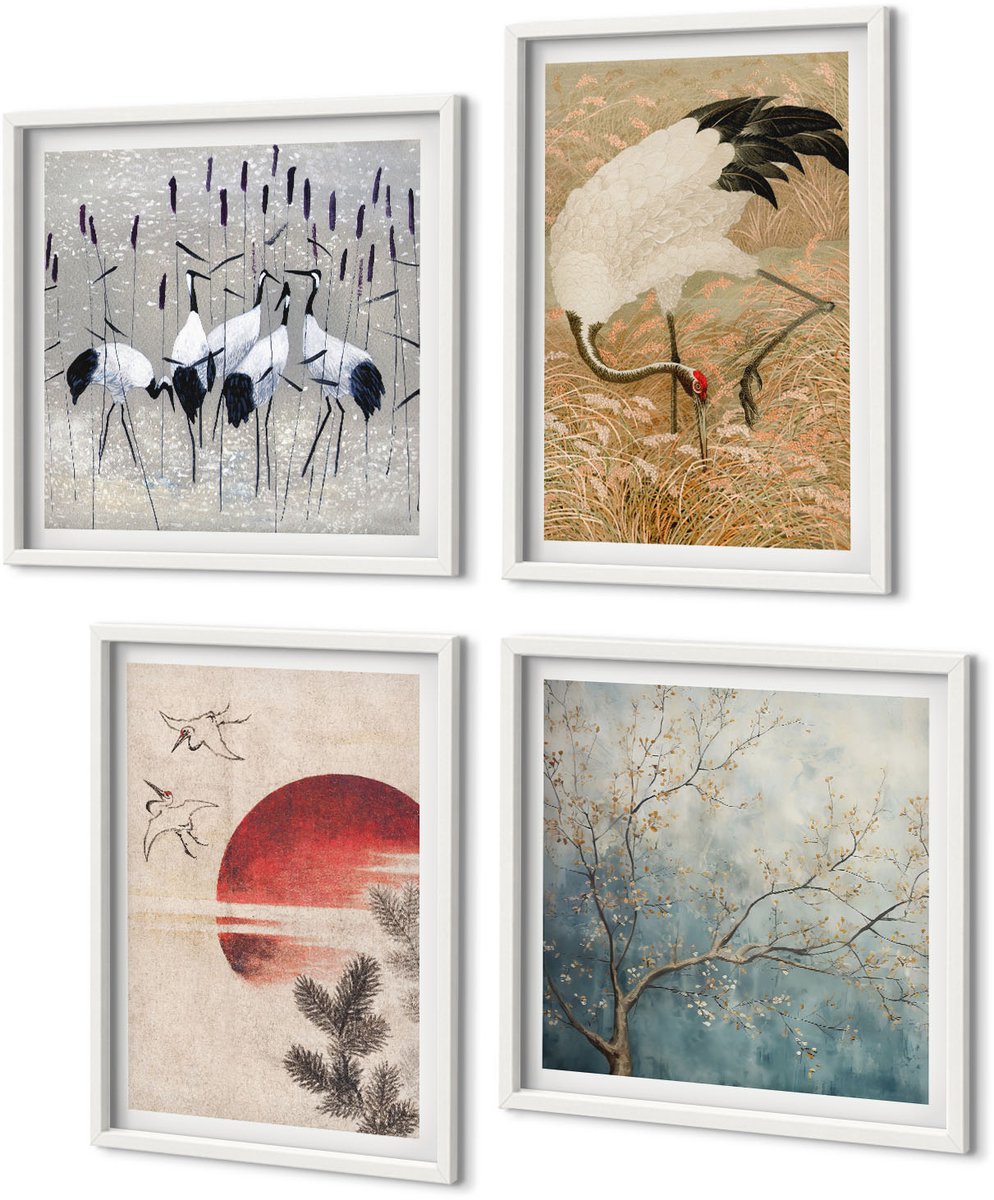 Coloray 4-Delige Schilderij Set - Illustraties Van Japanse Kraanvogels Japandi Landschap - 40 x 40 En 40 x 60 - Decoratieve Muurdecoratie - Slaapkamer