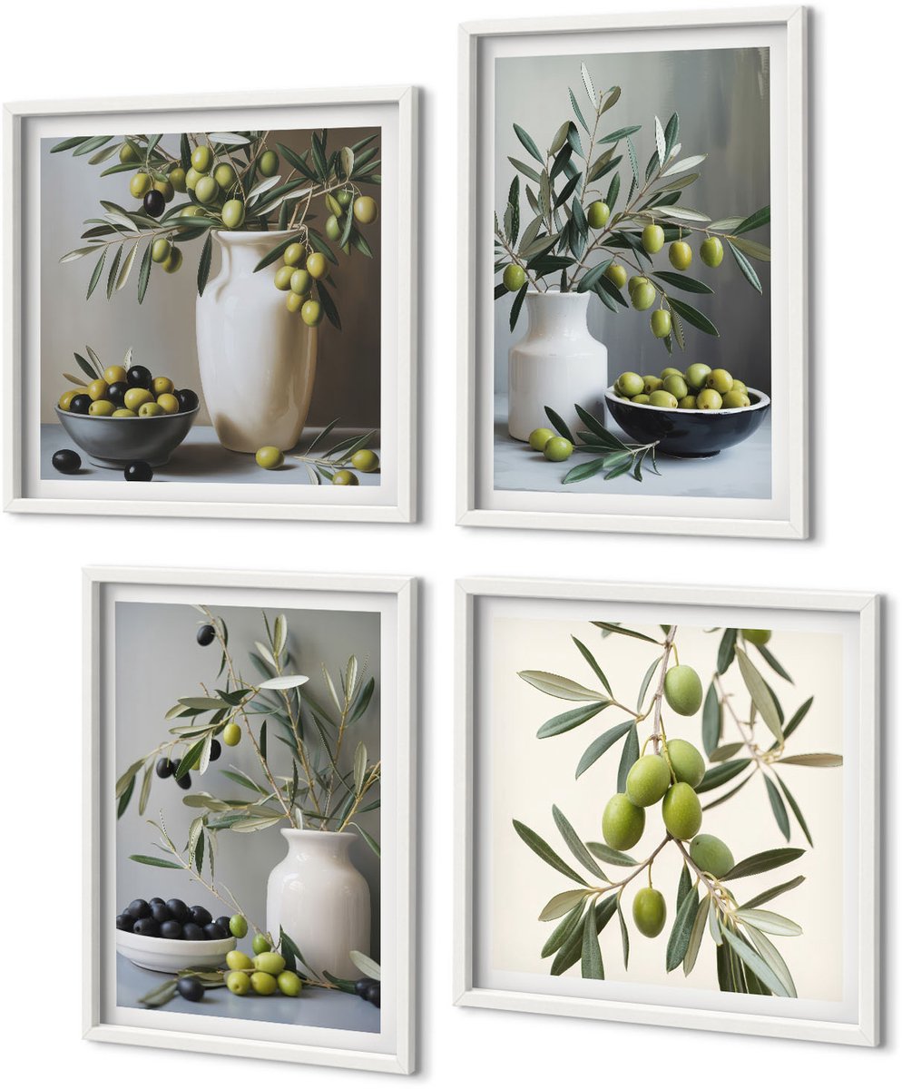 Coloray 4-Delige Schilderij Set - Olijven In Vazen ​​Met Takken Op Een Grijze Achtergrond - 40 x 40 En 40 x 60 - Decoratieve Schilderijen - Woonkamer - Interieur - Moderne Wanddecoratie