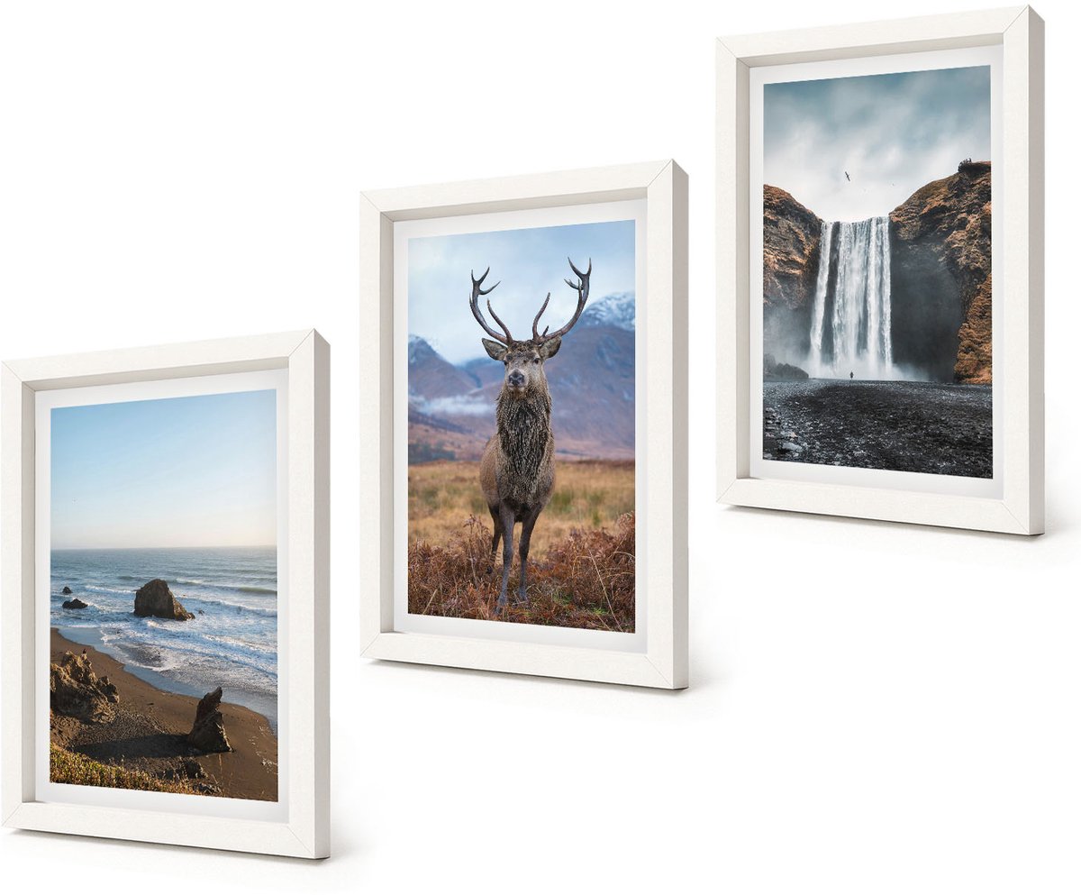 Coloray 3-Delige Schilderij Set - Berglandschappen met waterval, herten en strand - 20x30 - Stijlvolle Muurdecoratie - Kantoor - Interieur Decoratie