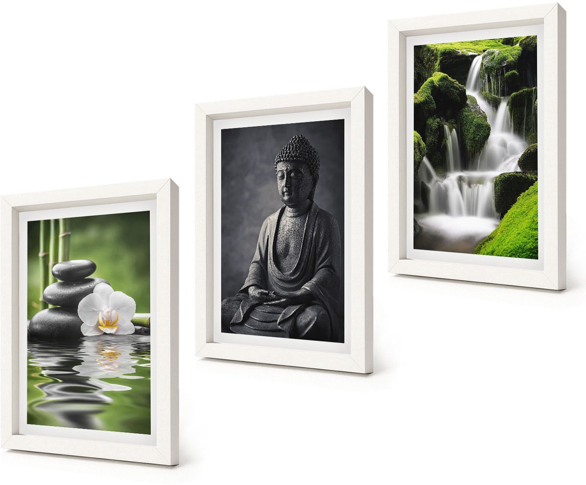 Coloray 3-Delige Schilderij Set - Rustgevende zen-afbeeldingen met water, stenen en Boeddha - 20x30 - Decoratieve Schilderijen - Wanddecoratie - Hal