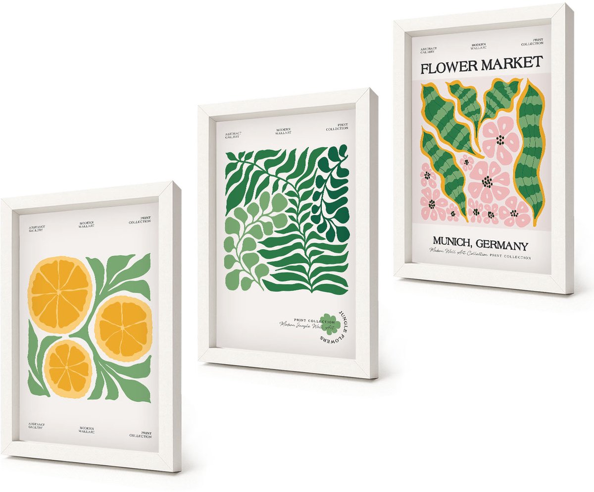 Coloray 3-Delige Schilderij Set - Posters met fruit- en plantmotieven in pastelkleuren - 20x30 - Muurdecoratie - Schilderijen Set - Woonkamer - Moderne Wanddecoratie